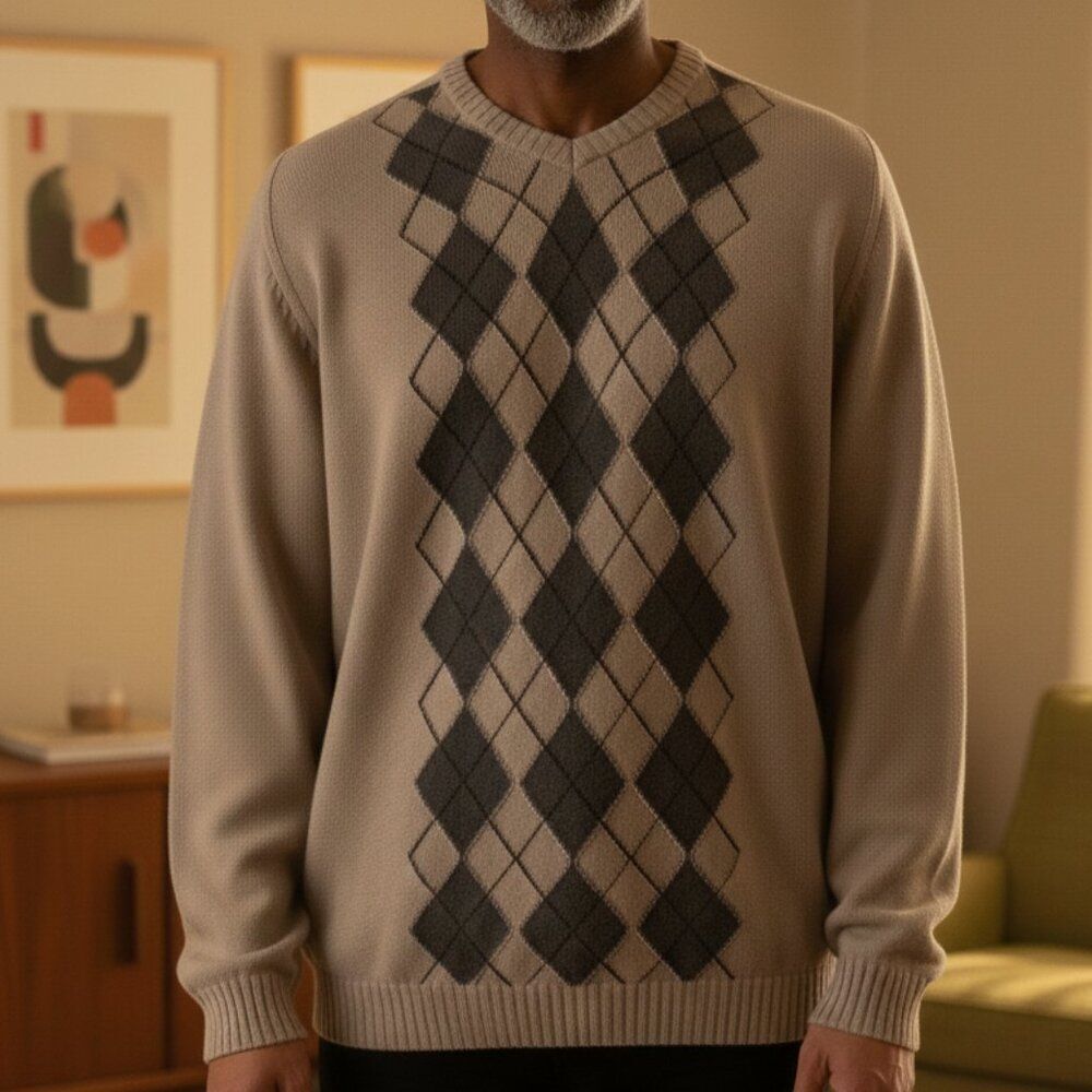 XG Mens Argyle Knit Sweater Size XXL Tan Beige Grandpa Core Academic Vintage